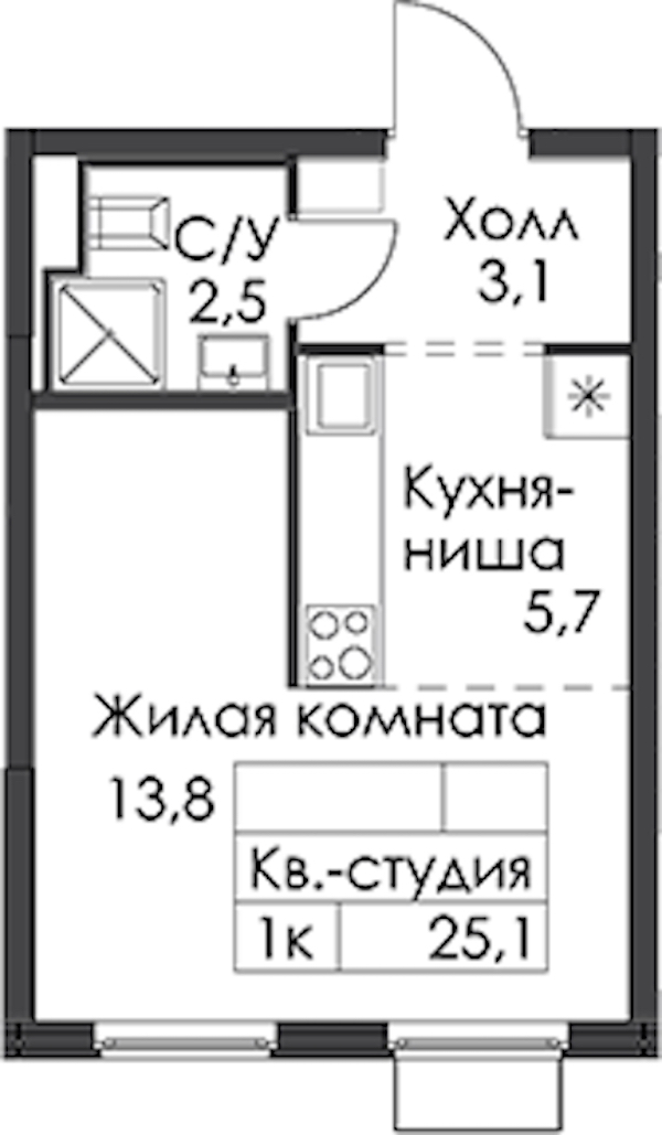 Квартира студия 25.1 м², 23/24 эт., ЖК «Заречный парк»